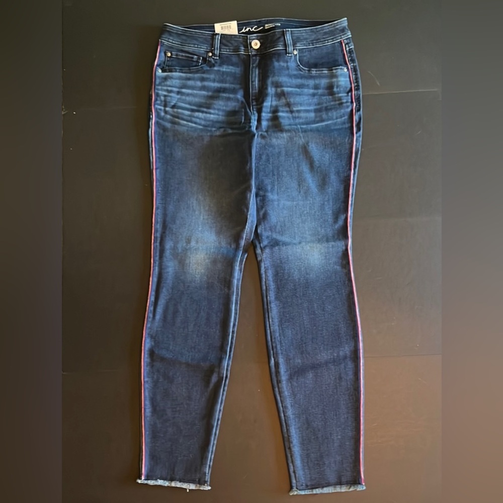 skinny 5-pocket jeans w/ribbon stripe on side/raw edge hem-NWT